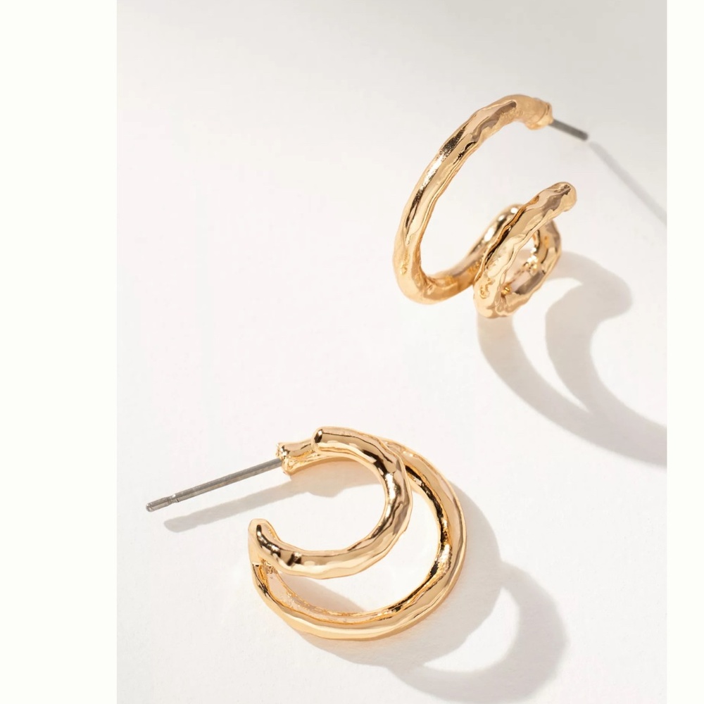 Anthropologie double hoop hammered gold earrings new